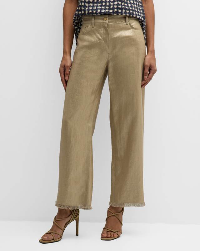 Bouquet Foiled Linen Straight-Leg Ankle Pants