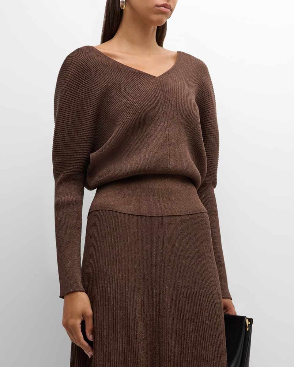 Ribbed Shimmer Dolman-Sleeve Sweater