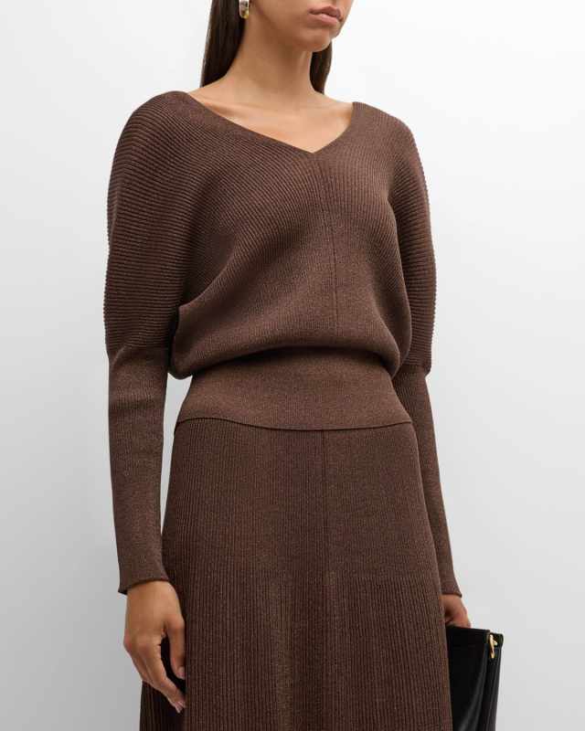 Ribbed Shimmer Dolman-Sleeve Sweater