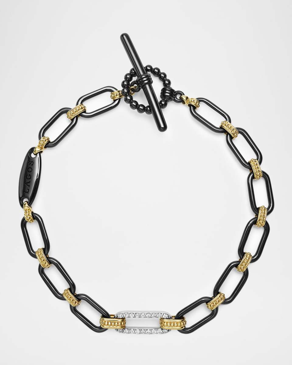 18K Gold Signature Caviar and Black Ceramic Toggle Bracelet with Diamonds