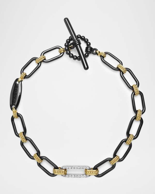 18K Gold Signature Caviar and Black Ceramic Toggle Bracelet with Diamonds
