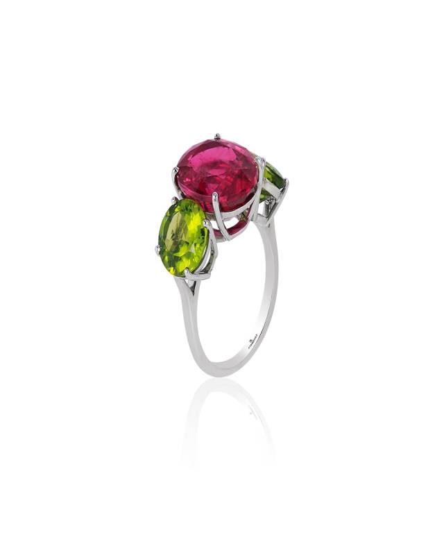 Platinum Peridot and Rubellite 3 Stone Ring, Size 6.5