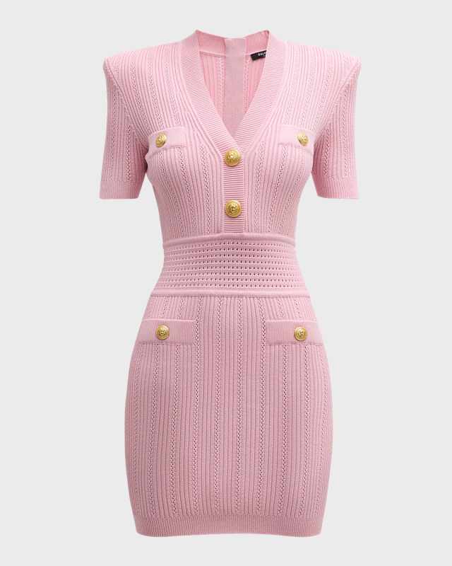 V-Neck Short-Sleeve Strong-Shoulder Pointelle Knit Mini Dress