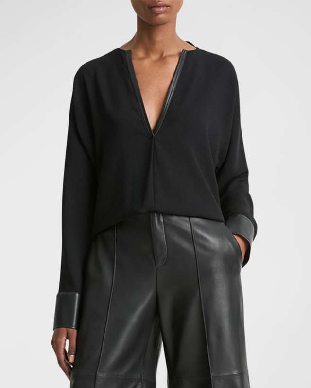 Leather-Trim Dolman-Sleeve Blous