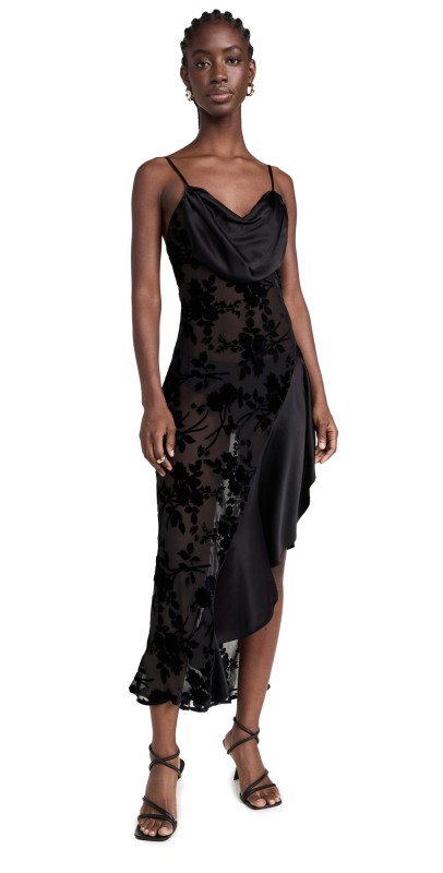 Rodarte Black Floral Burnout Velvet and Satin Asymmetrical Cowl Neck Bias Dress Black