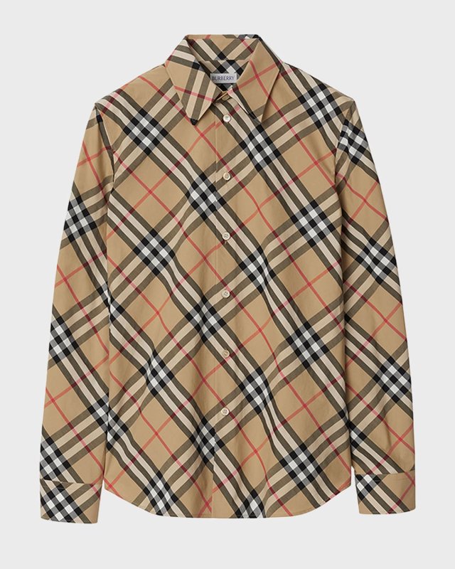 Check Long-Sleeve Cotton Button-Down Top
