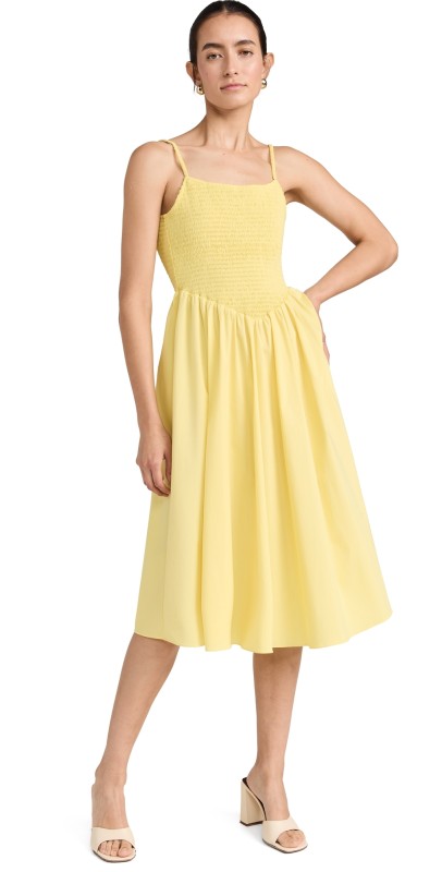 CAROLINE CONSTAS Delora Smocked Scoop Back Midi Dress Acacia