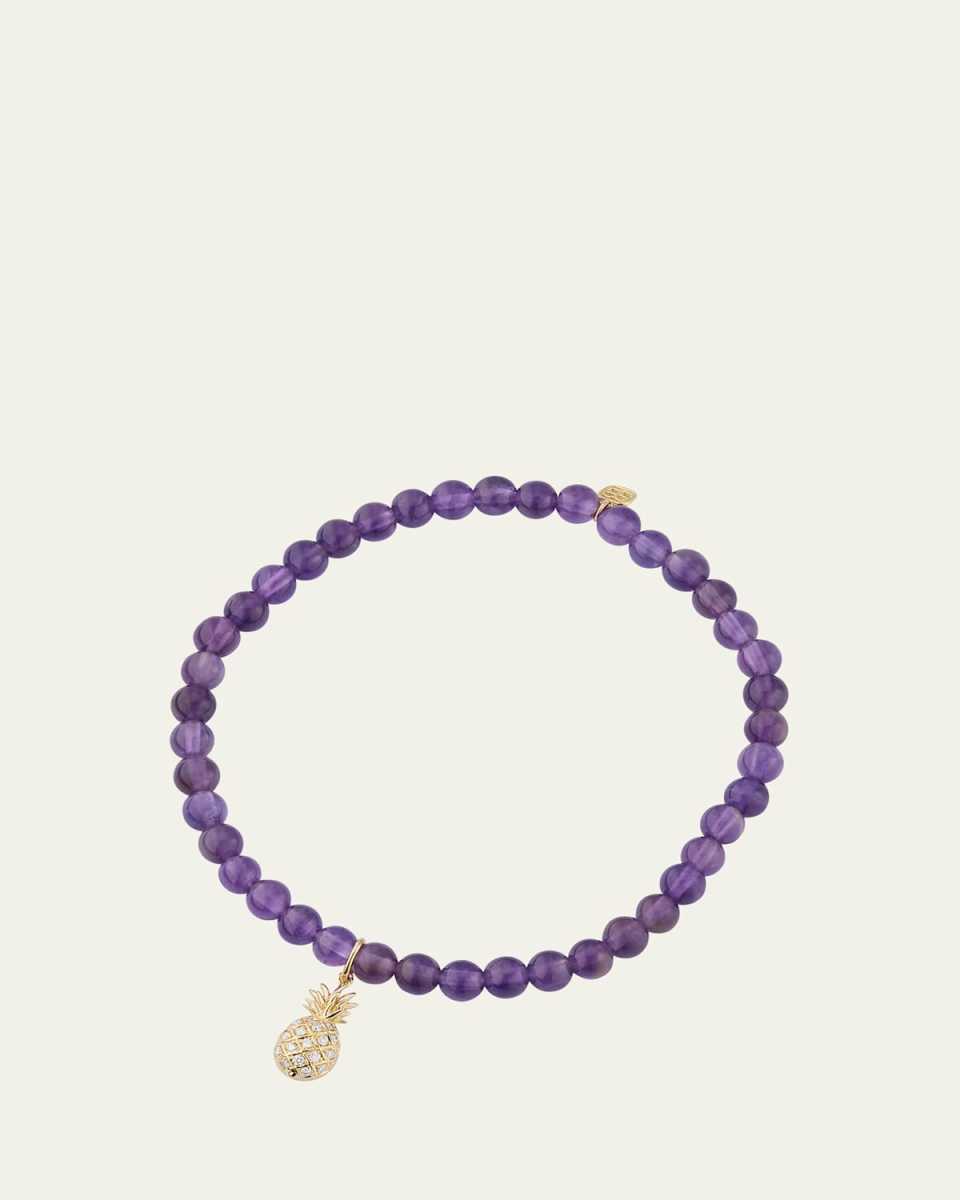 14K Yellow Gold Diamond Pineapple Charm and Amethyst Bead Bracelet