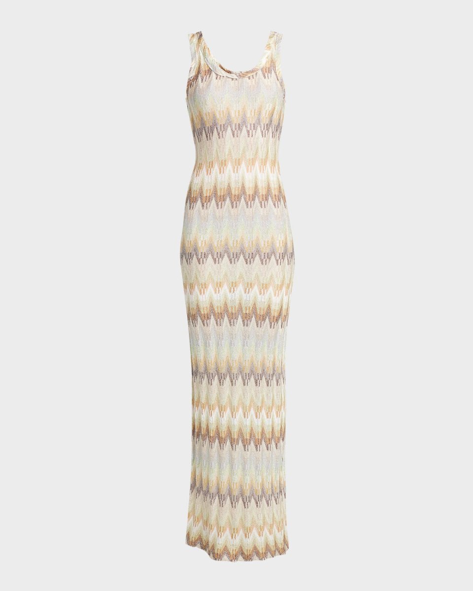 Scoop-Neck Sleeveless Metallic Chevron Knit Maxi Dress
