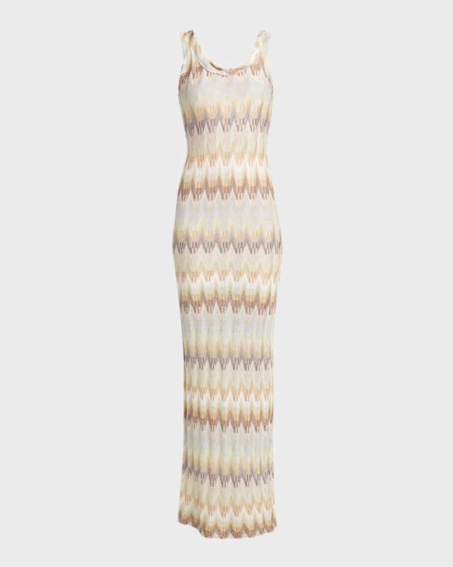 Scoop-Neck Sleeveless Metallic Chevron Knit Maxi Dress