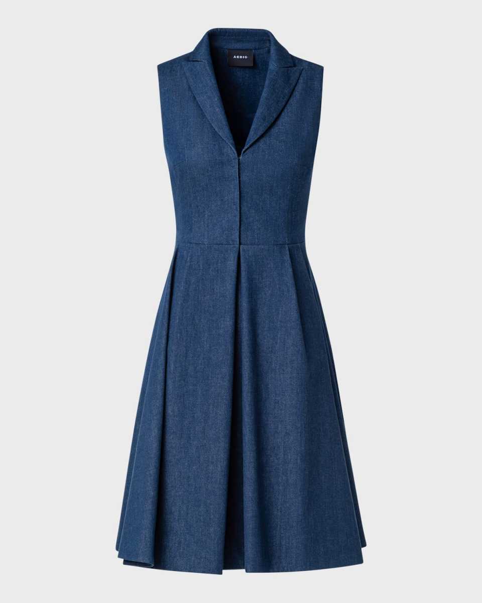 Pleated Denim Sleeveless Shirtdress