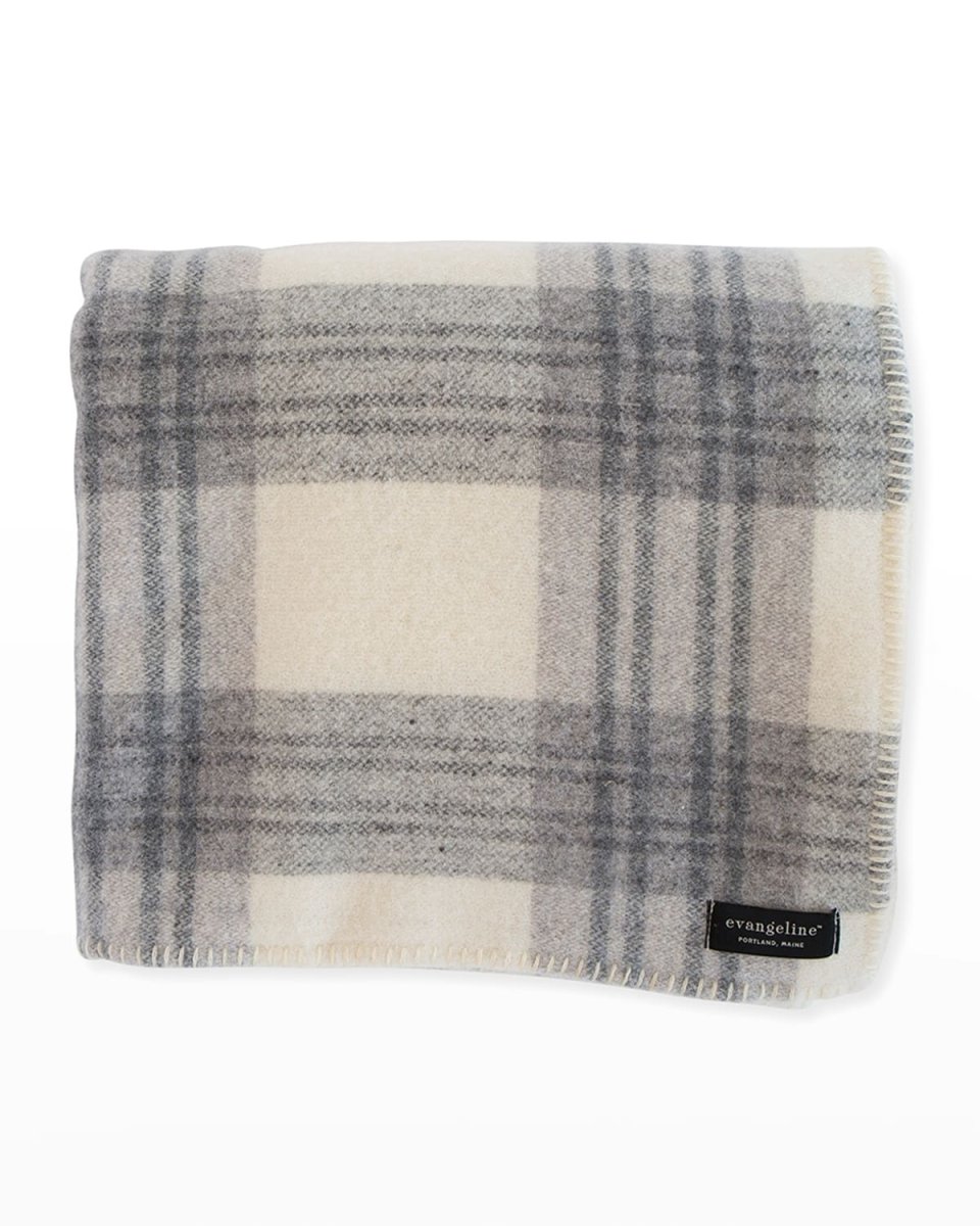 Plaid Merino Wool Twin Blanket, Cream/Ledge