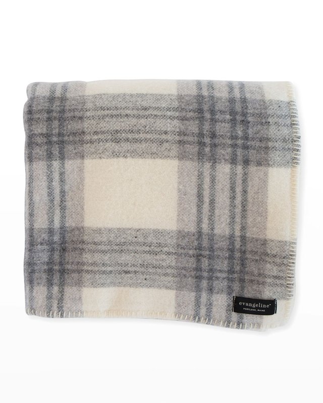 Plaid Merino Wool Twin Blanket, Cream/Ledge