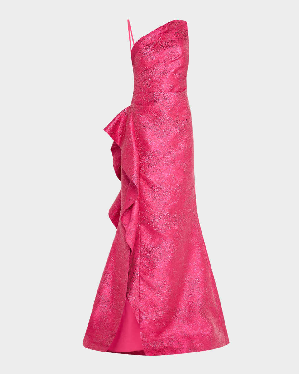 One-Shoulder Metallic Jacquard Trumpet Gown