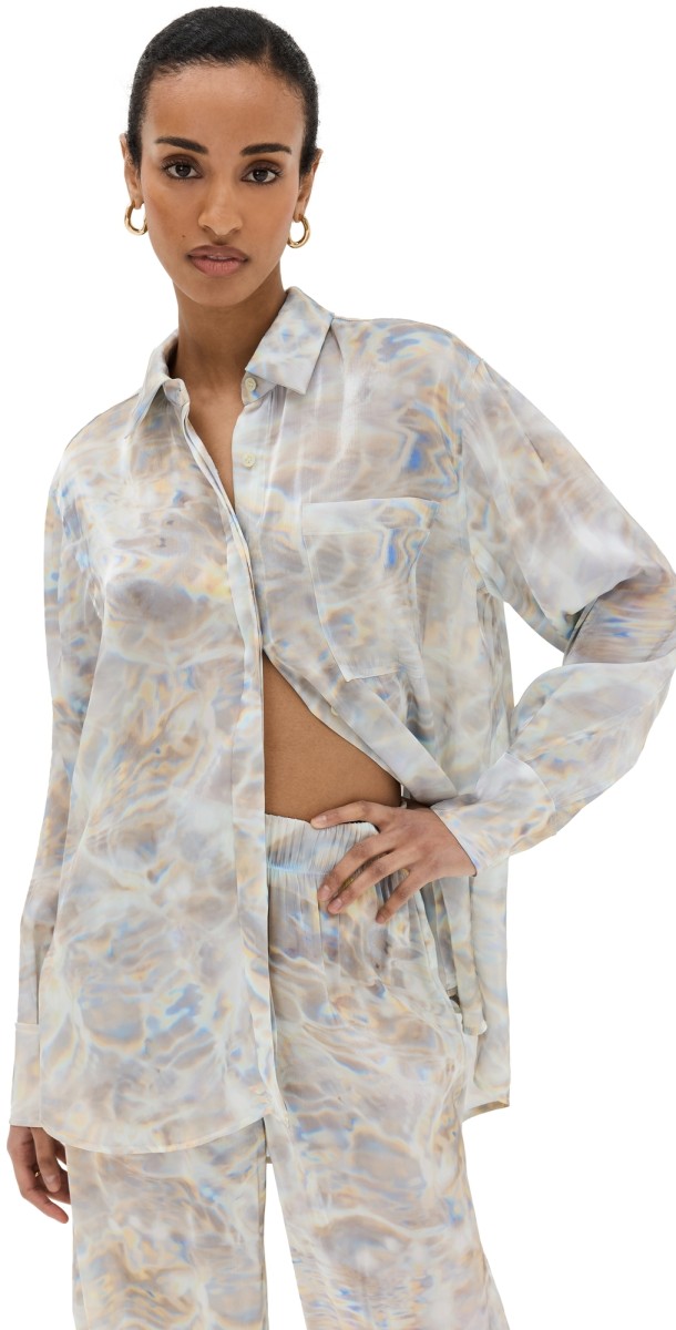 SIMKHAI Jolene Printed Button Down Shirt Water Print Mother Of Pearl
