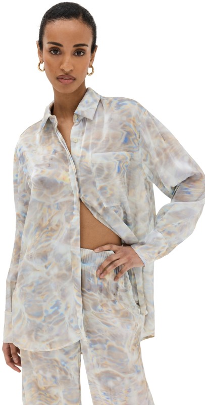 SIMKHAI Jolene Printed Button Down Shirt Water Print Mother Of Pearl