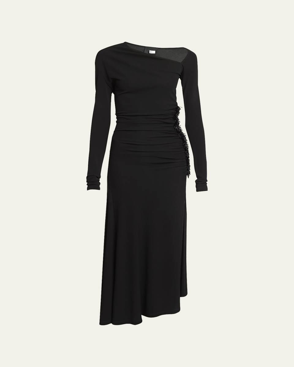 Off-Shoulder Asymmetric Midi Dress with Beaded Detail