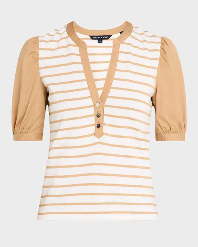 Kellie Stripe Puff-Sleeve Combo Top