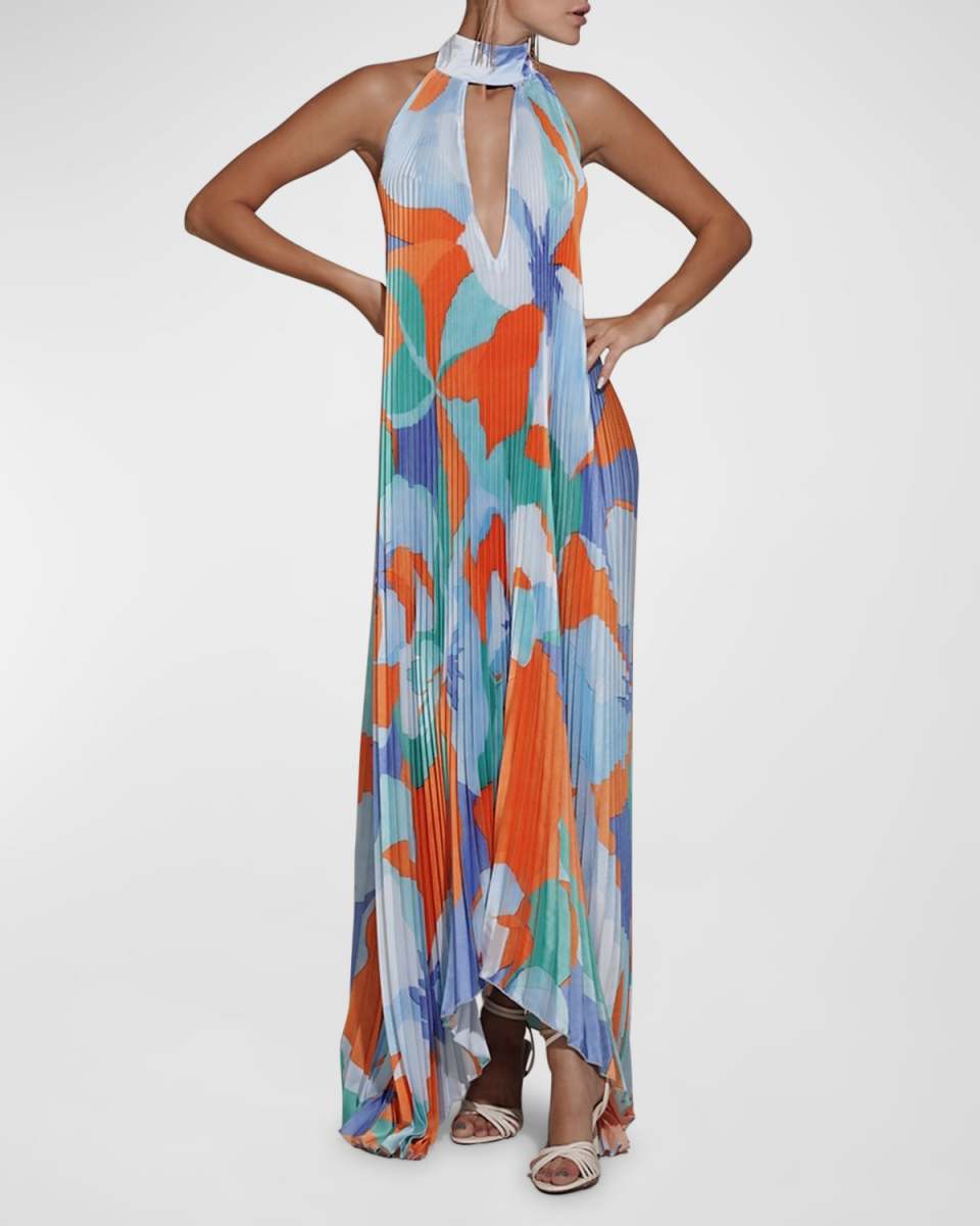 Opera Pleated Asymmetric Backless Halter Gown