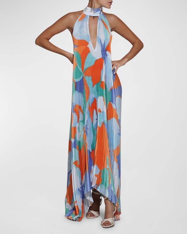 Opera Pleated Asymmetric Backless Halter Gown