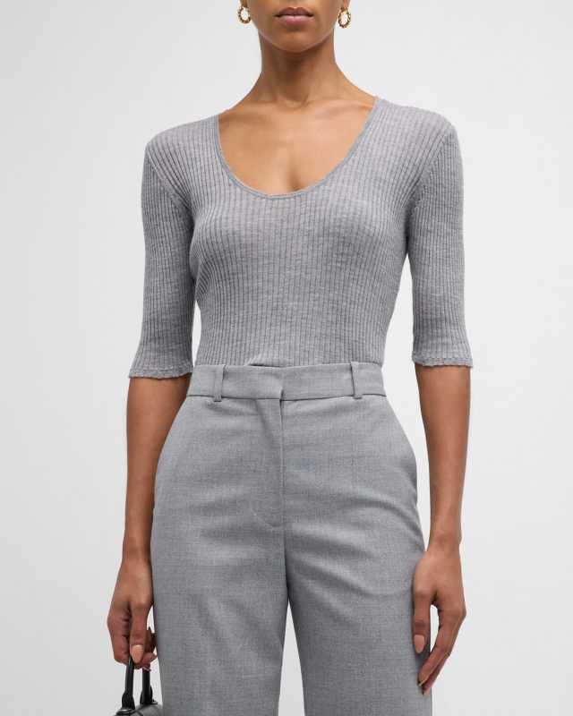 Remoni Ribbed Scoop-Neck Elbow-Sleeve Sweater