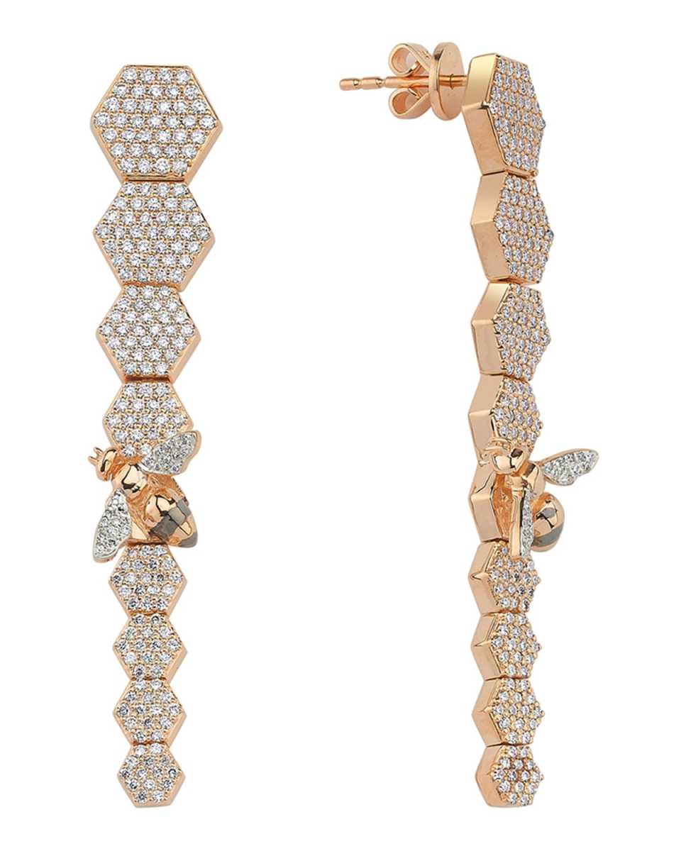 14k Rose Gold Long Bee & Honeycomb Drop Earrings