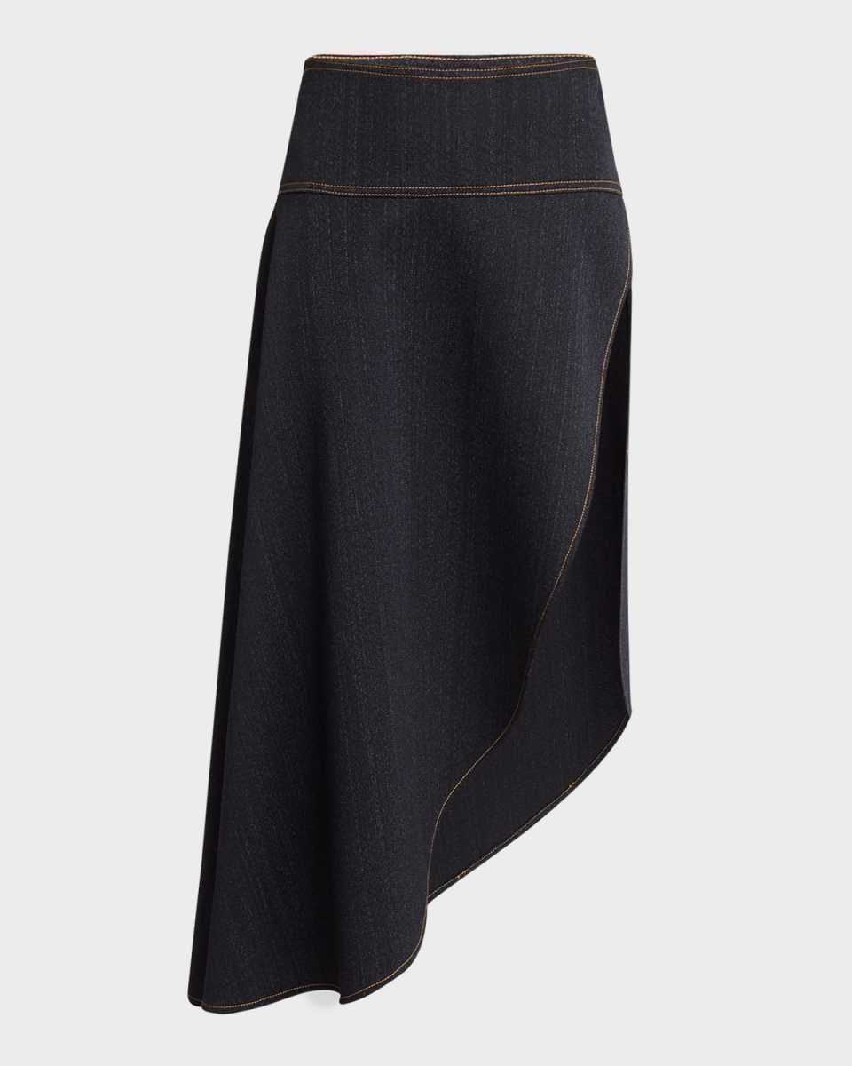 Asymmetrical Wool Denim Midi Skirt