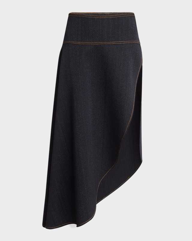 Asymmetrical Wool Denim Midi Skirt