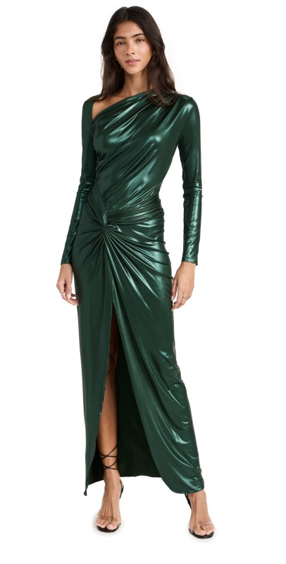 LAPOINTE Coated Jersey Asymmetric Draped Sarong Dress Forest