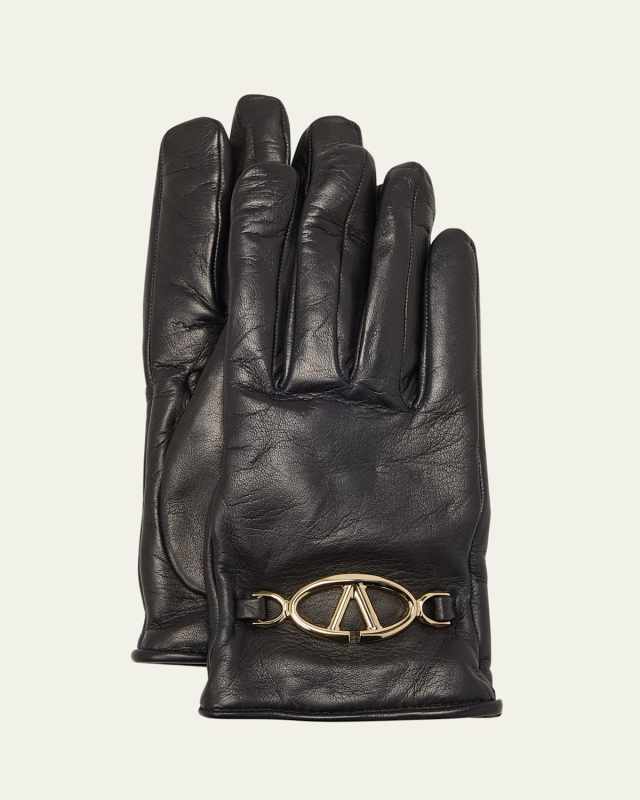 Bold V-Logo Leather & Cashmere Gloves