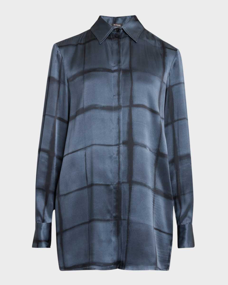 Check Button Down Oversized Silk Blouse