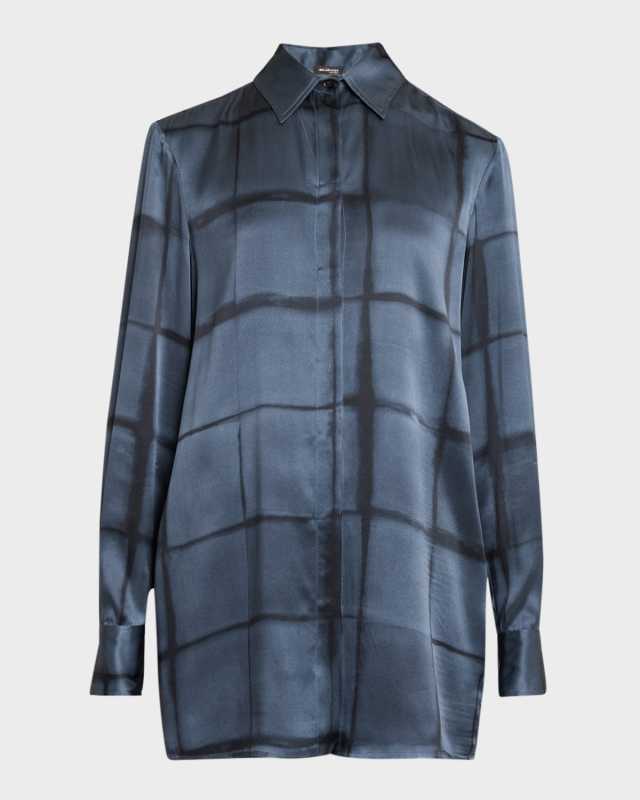 Check Button Down Oversized Silk Blouse
