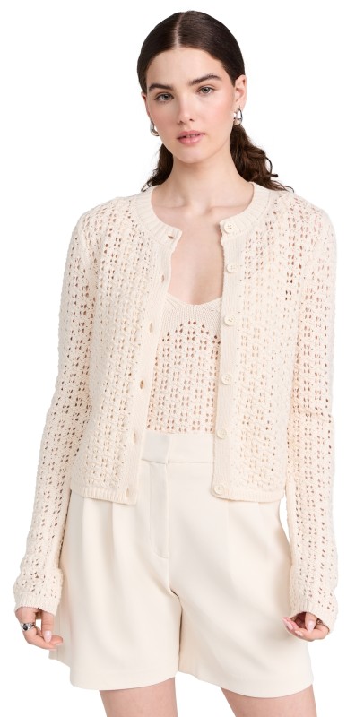 Naadam Pima Cotton Artisanaltitch Crew Neck Cardigan Ivory