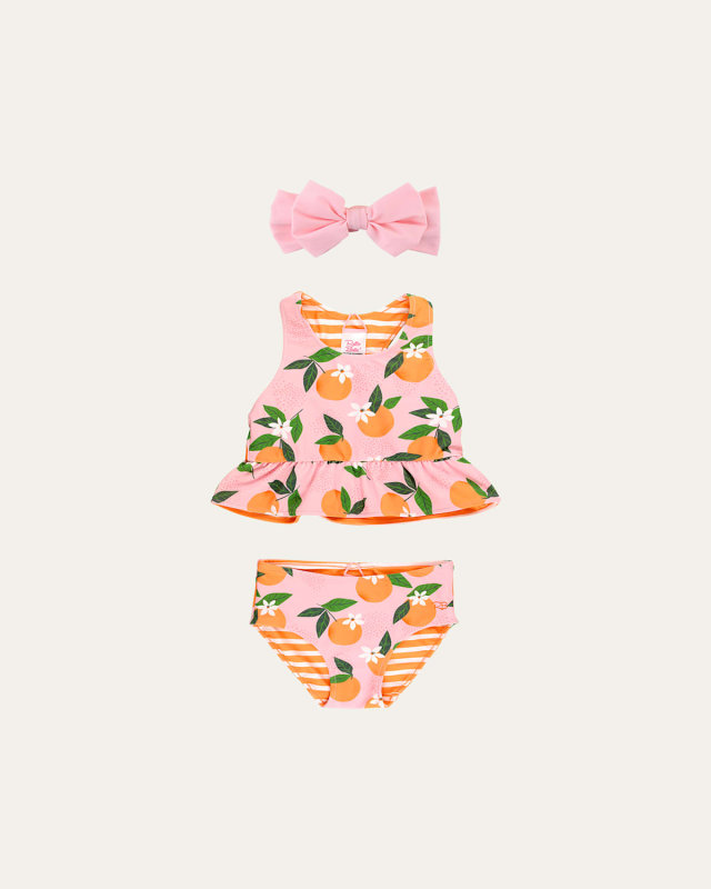 Girl's Orange Reversible Tankini Swimsuit and Bow Set, Size 3M-8