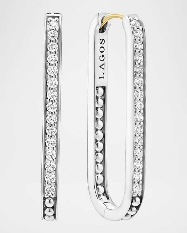 Sterling Silver Caviar Spark Linear Diamond Hoop Earrings, 35mm