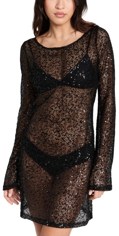 Good American Sequin Long Sleeve Cover Up Dress Black001