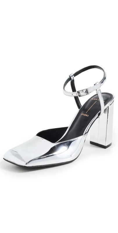 Black Suede Studio Meadow 90mm Heels Silver Mirror Metallic