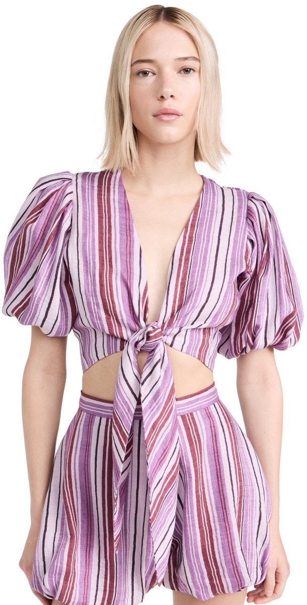 Lisa Marie Fernandez Pouf Tie Blouse Blueberry Striped Linen