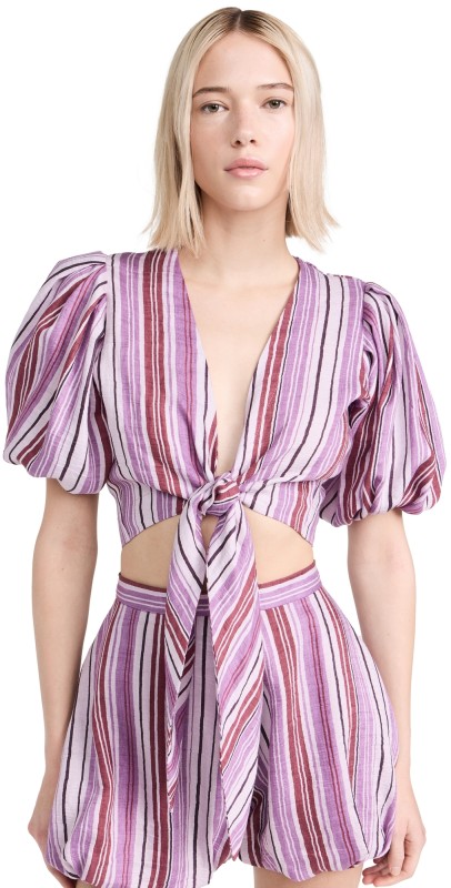 Lisa Marie Fernandez Pouf Tie Blouse Blueberry Striped Linen