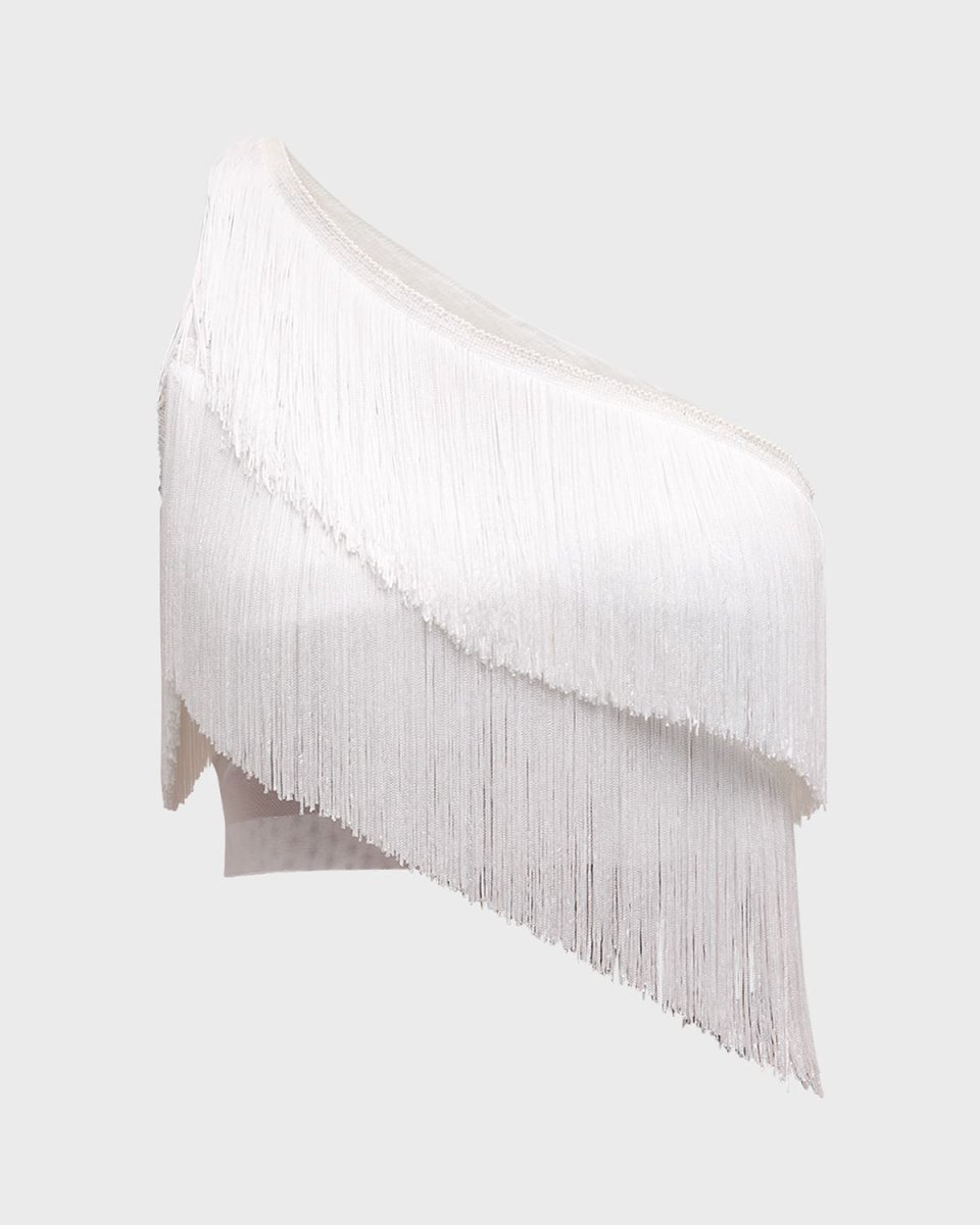 Spliced Fringe One-Shoulder Crop Top
