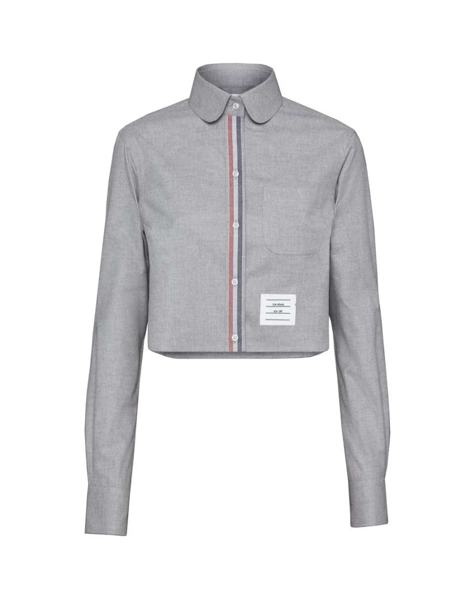 Stripe Cotton Flannel Classic Cropped Round Collar Shirt