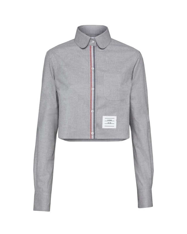 Stripe Cotton Flannel Classic Cropped Round Collar Shirt