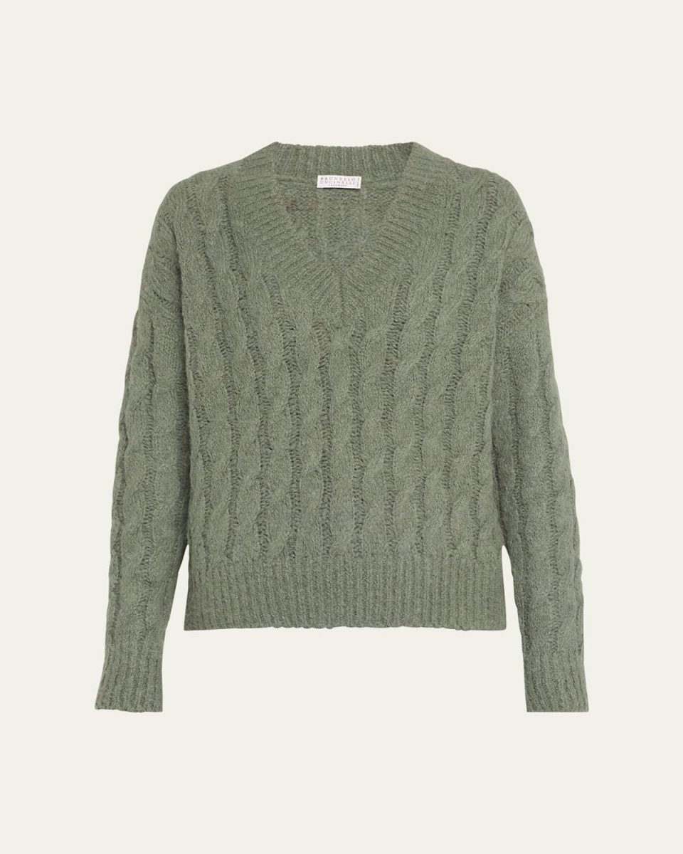 V-Neck Alpaca-Mohair Cable-Knit Sweater With Monili Detai