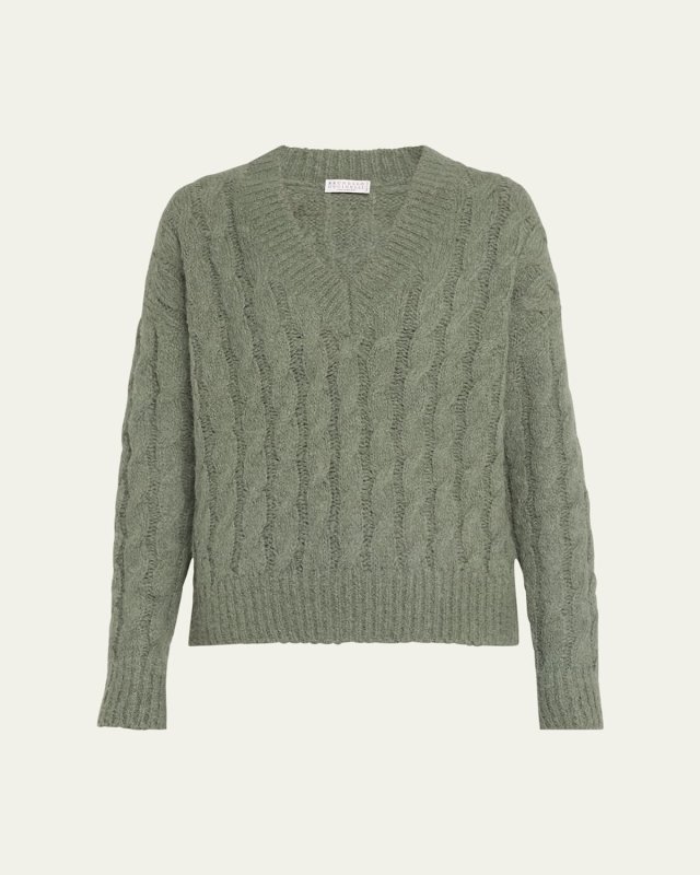 V-Neck Alpaca-Mohair Cable-Knit Sweater With Monili Detai