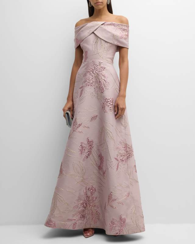 Off-Shoulder Metallic Floral Jacquard Gown