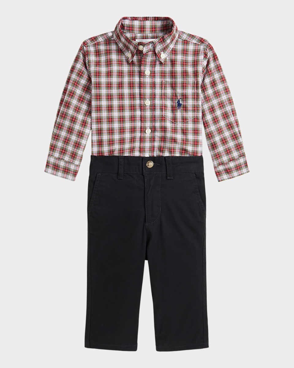 Boy's Plaid Poplin Shirt & Chino Pants Set, Size 6M-24