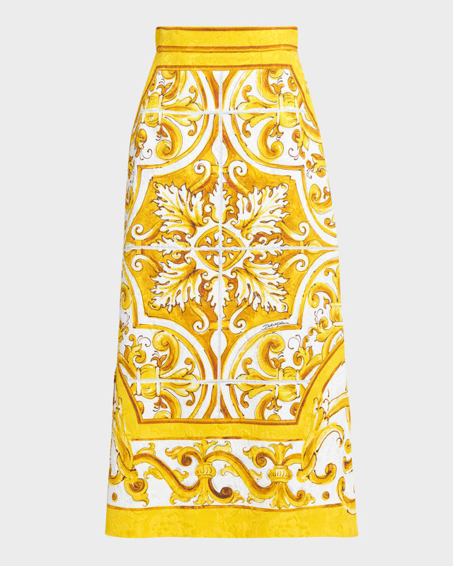 Maiolica Printed Brocade Longuette Skirt with Lateral Splits