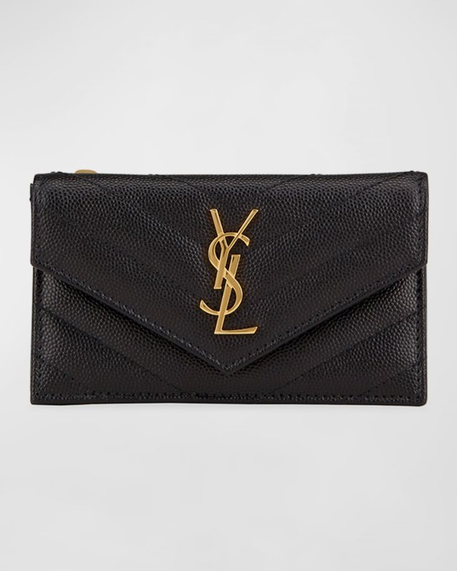 YSL Monogram Ziptop Flap Card Case in Grained Leather