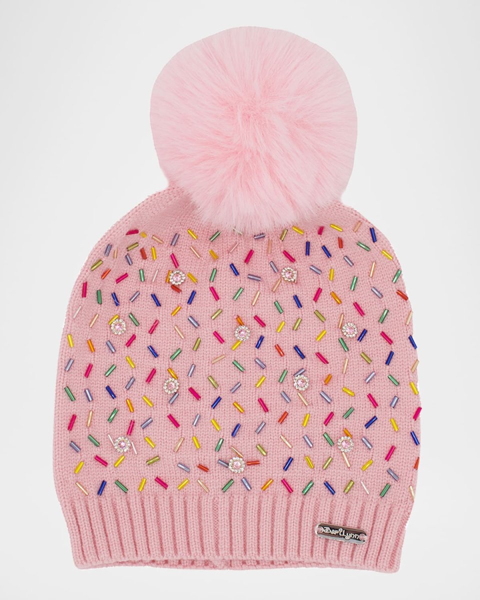Girl's Beanie with Charms & Faux Fur Pom Pom