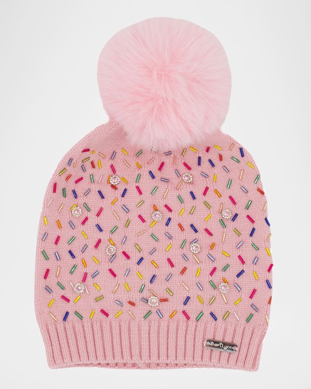 Girl's Beanie with Charms & Faux Fur Pom Pom